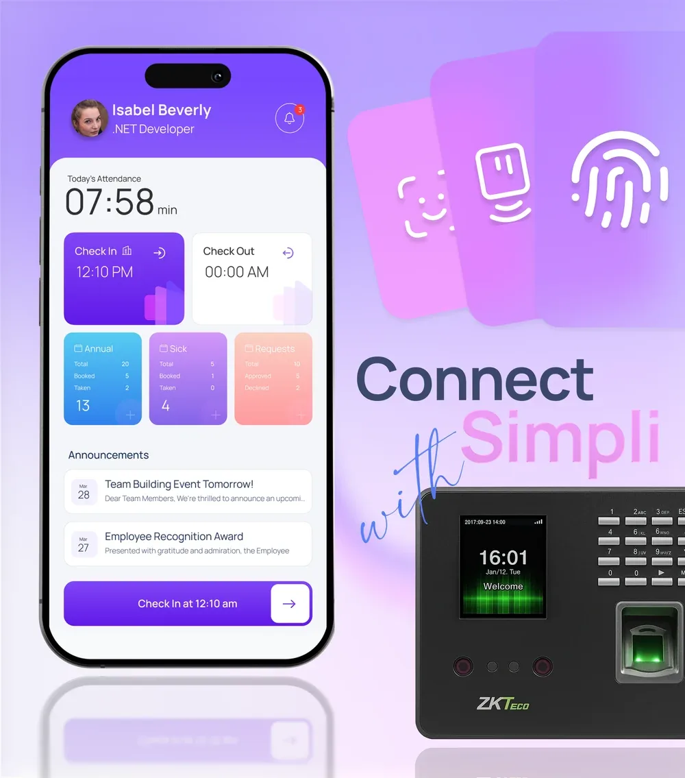 ConnectSimpli attendance app with face, thumb and RFID check-in