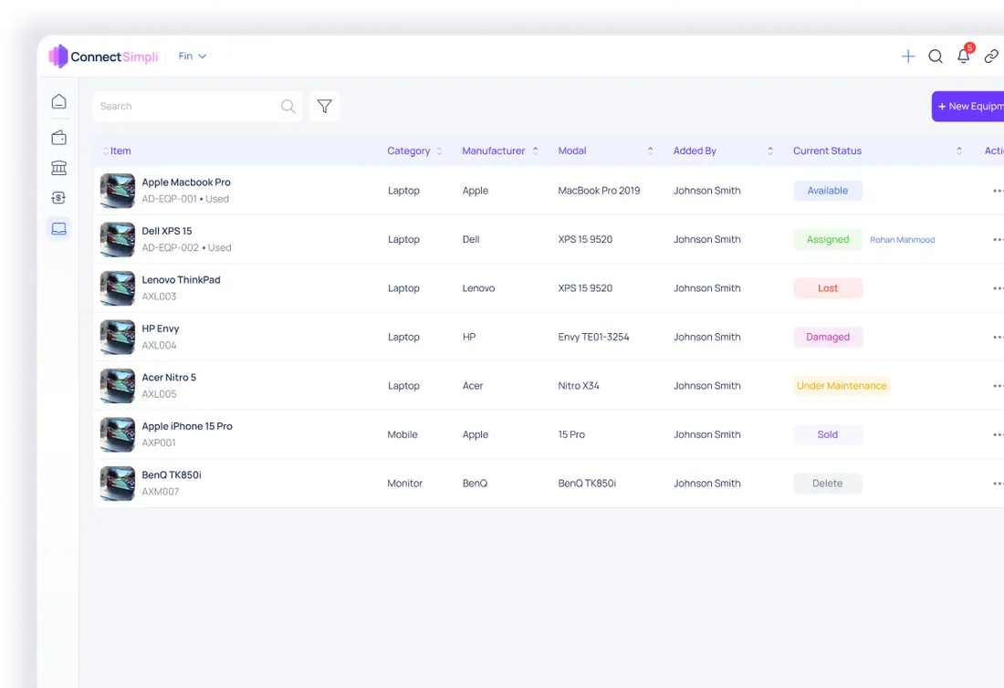 Asset register — ConnectSimpli